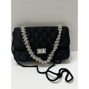Kate Landry Evening Bag Black Quilted Pearl Accents Top Chain Handle/Crossbody